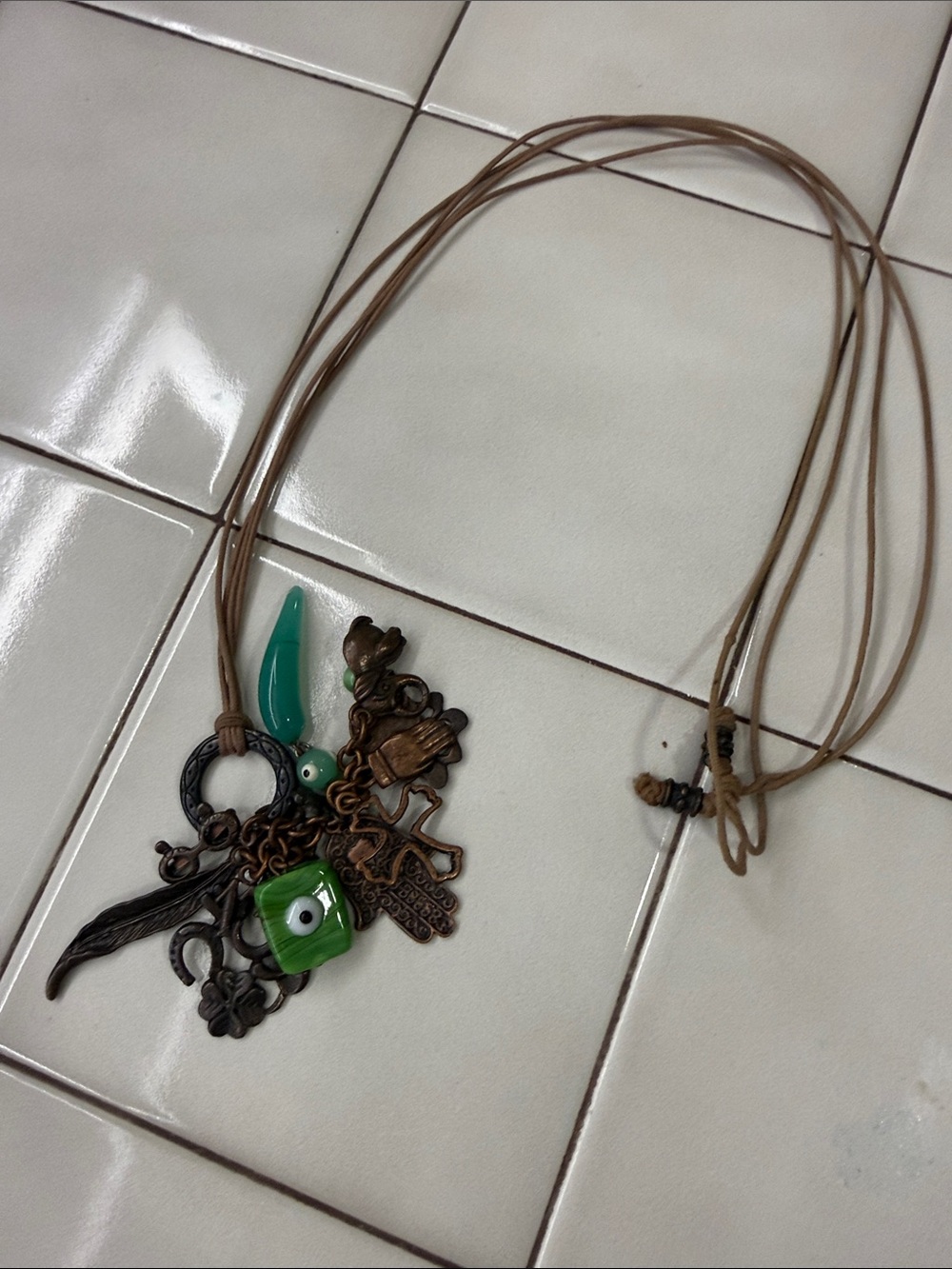 Boho Green Charm Pendant Necklace on Leather Cord